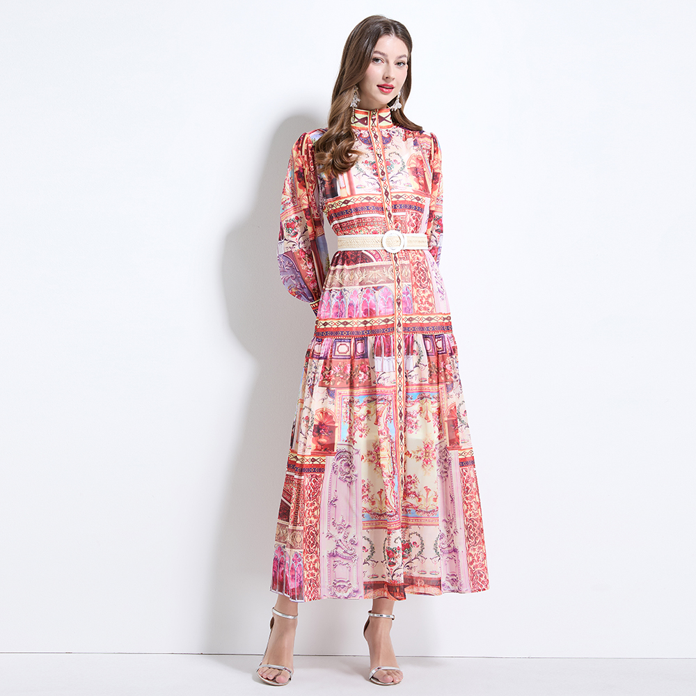 Retro lantern sleeve chiffon court style printing dress