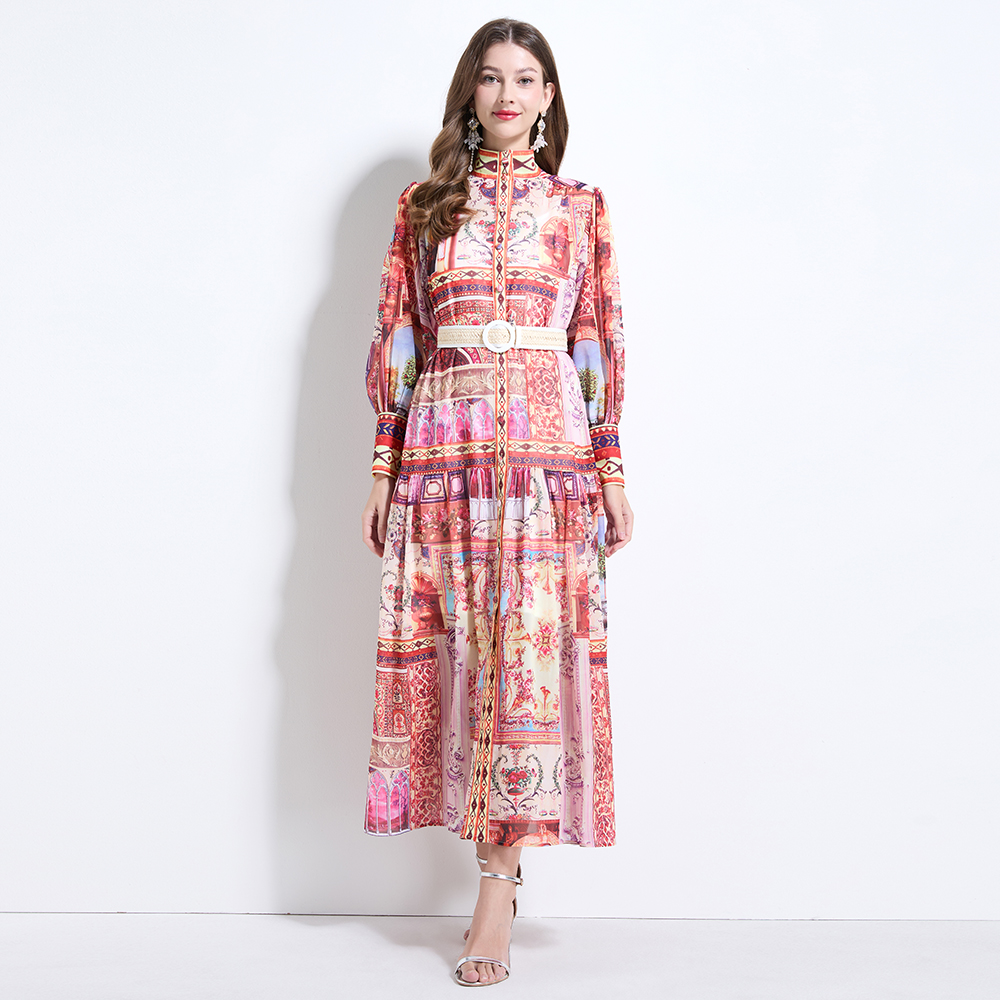 Retro lantern sleeve chiffon court style printing dress