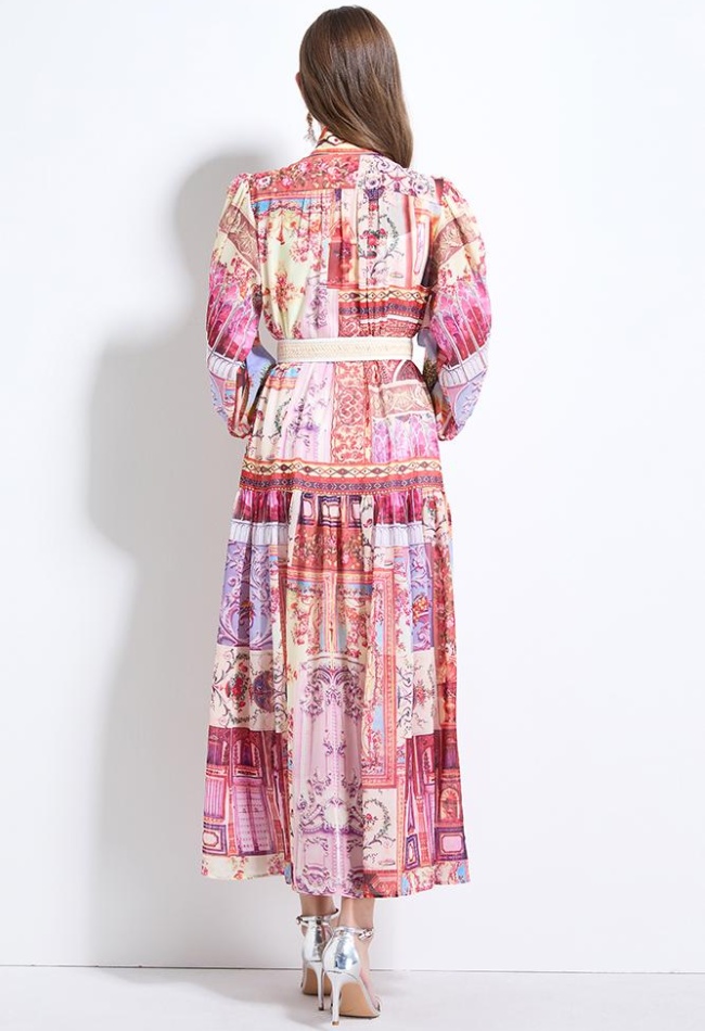 Retro lantern sleeve chiffon court style printing dress