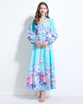 Printing V-neck pinched waist colors flax vacation dress