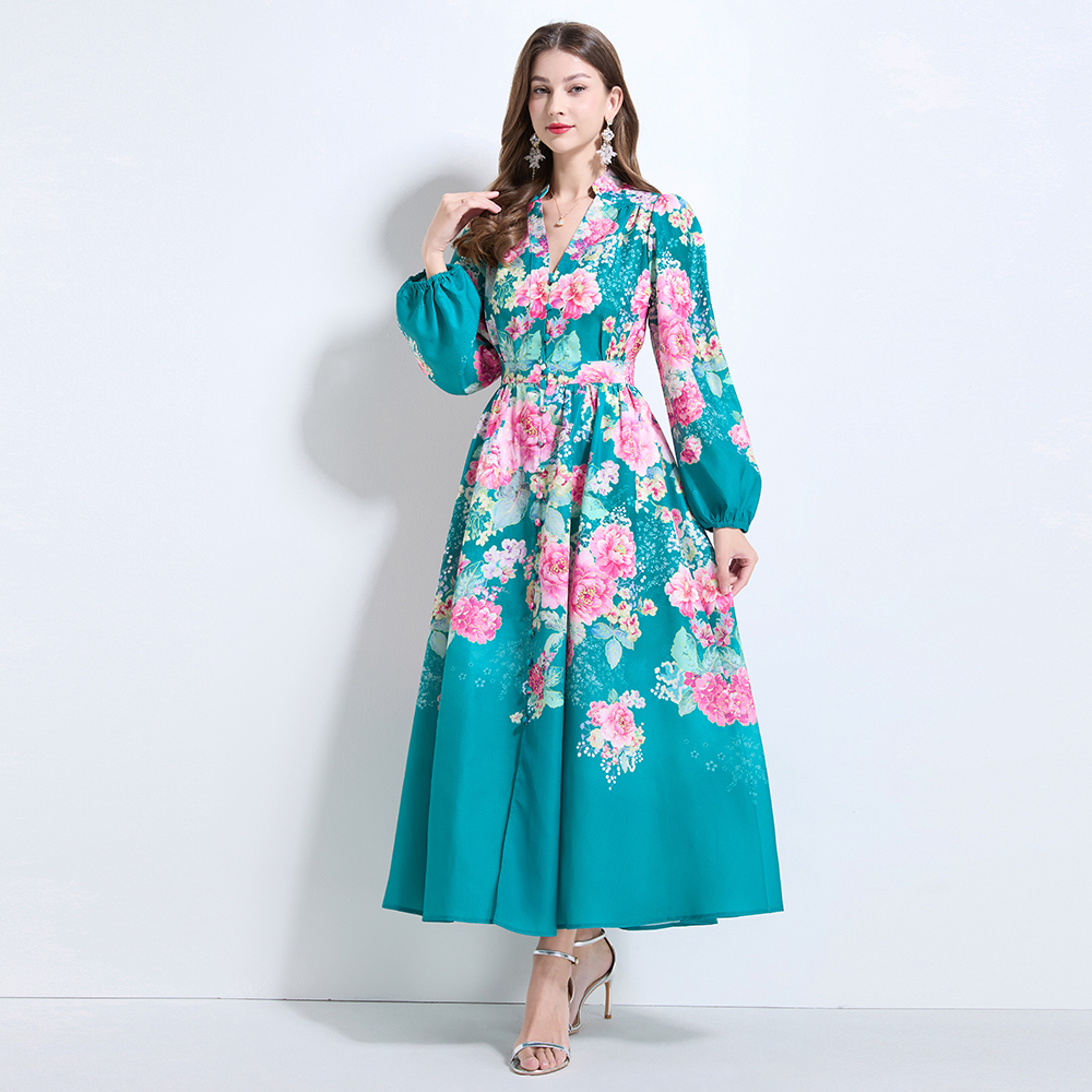 Printing lotus leaf edges lantern sleeve V-neck flax dress