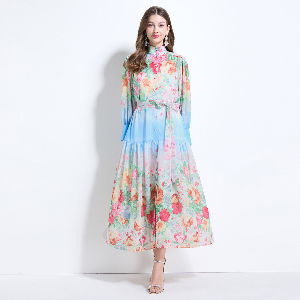 Lotus leaf edges cstand collar painting with sling dress