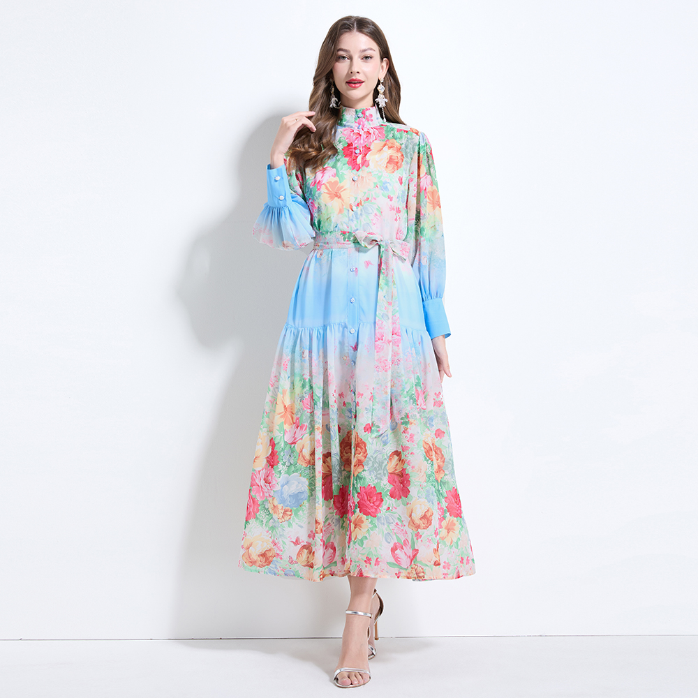 Lotus leaf edges cstand collar painting with sling dress