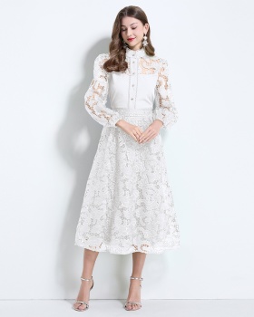 Lace lantern sleeve temperament long skirt 2pcs set