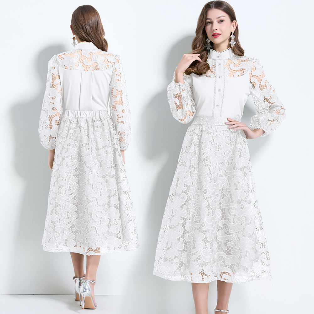 Lace lantern sleeve temperament long skirt 2pcs set