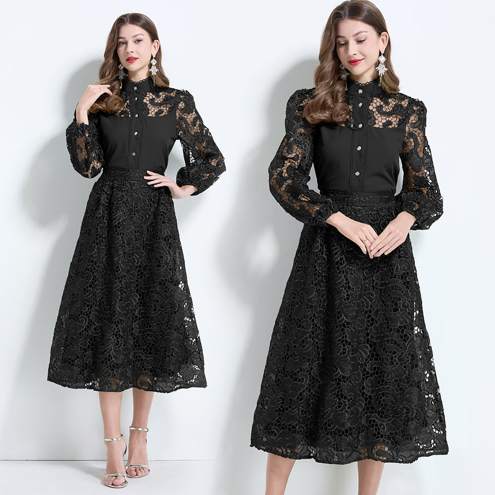 Lantern sleeve hollow temperament long skirt 2pcs set