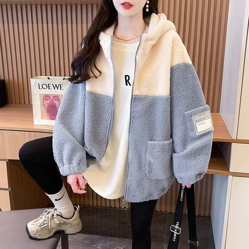 Lamb fur winter hoodie plus velvet hooded coat