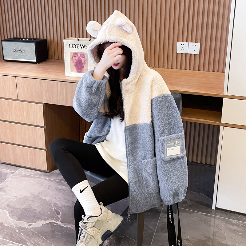 Lamb fur winter hoodie plus velvet hooded coat