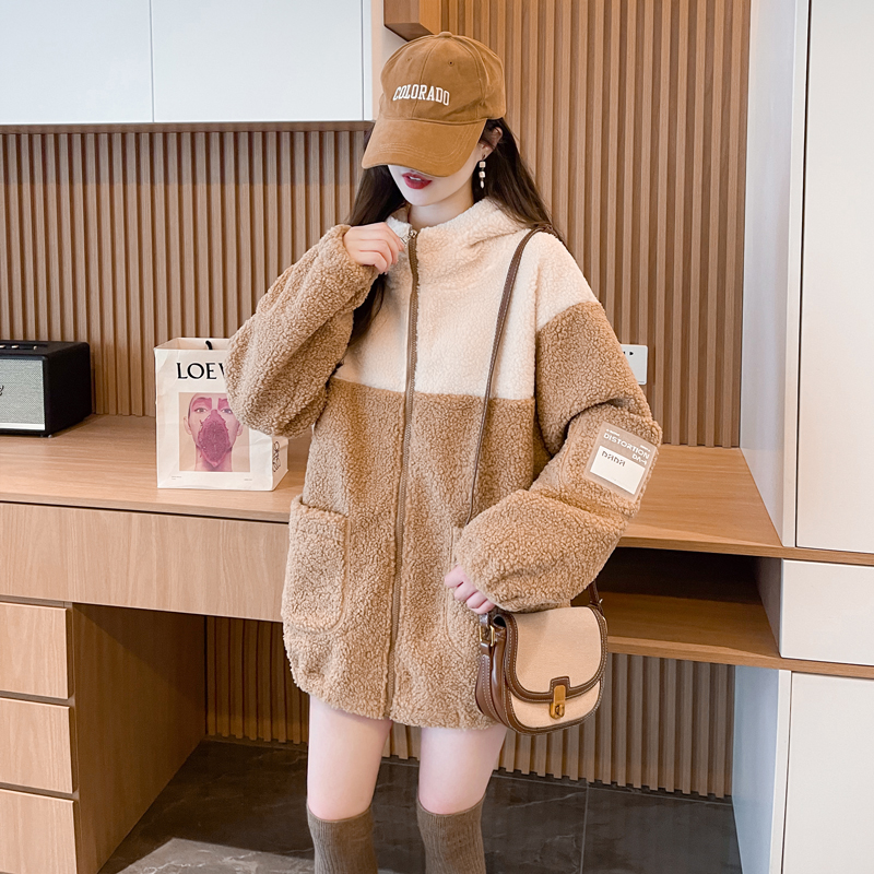 Lamb fur winter hoodie plus velvet hooded coat