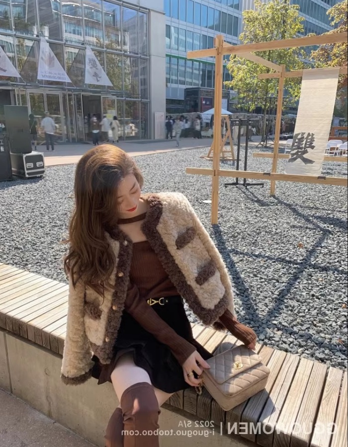 Slim retro lambs wool fabrics hairy coat for women