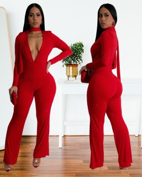 V-neck fashion rhinestone jumpsuit for women