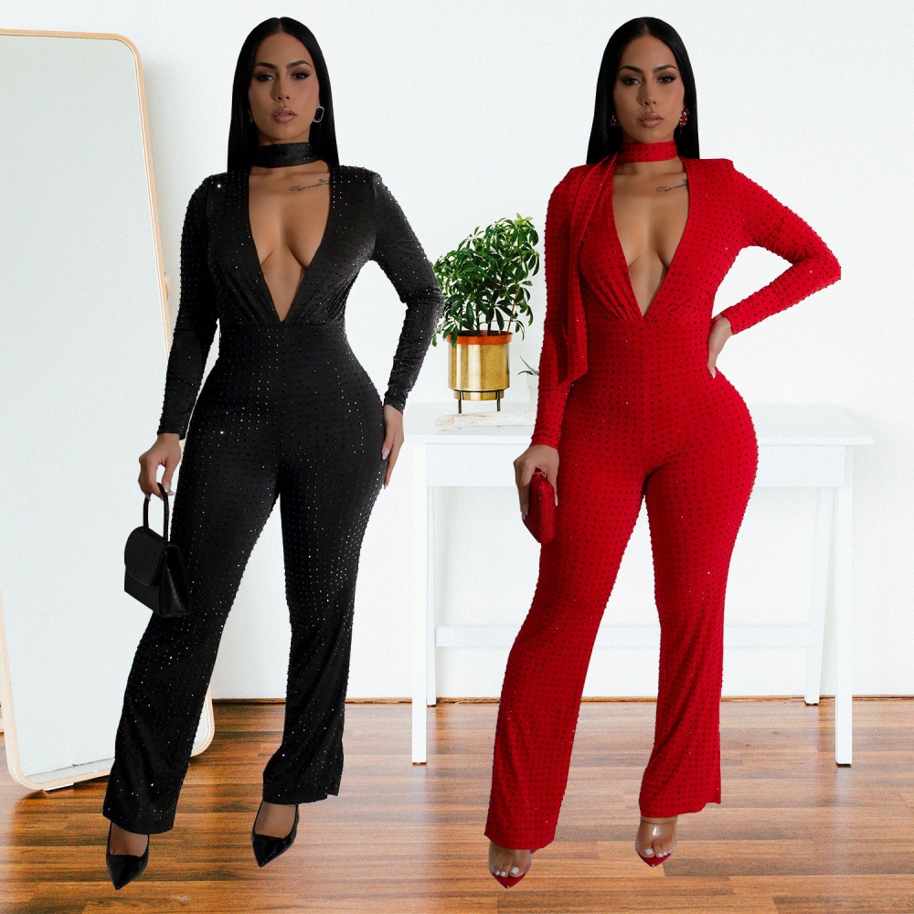 V-neck fashion rhinestone jumpsuit for women