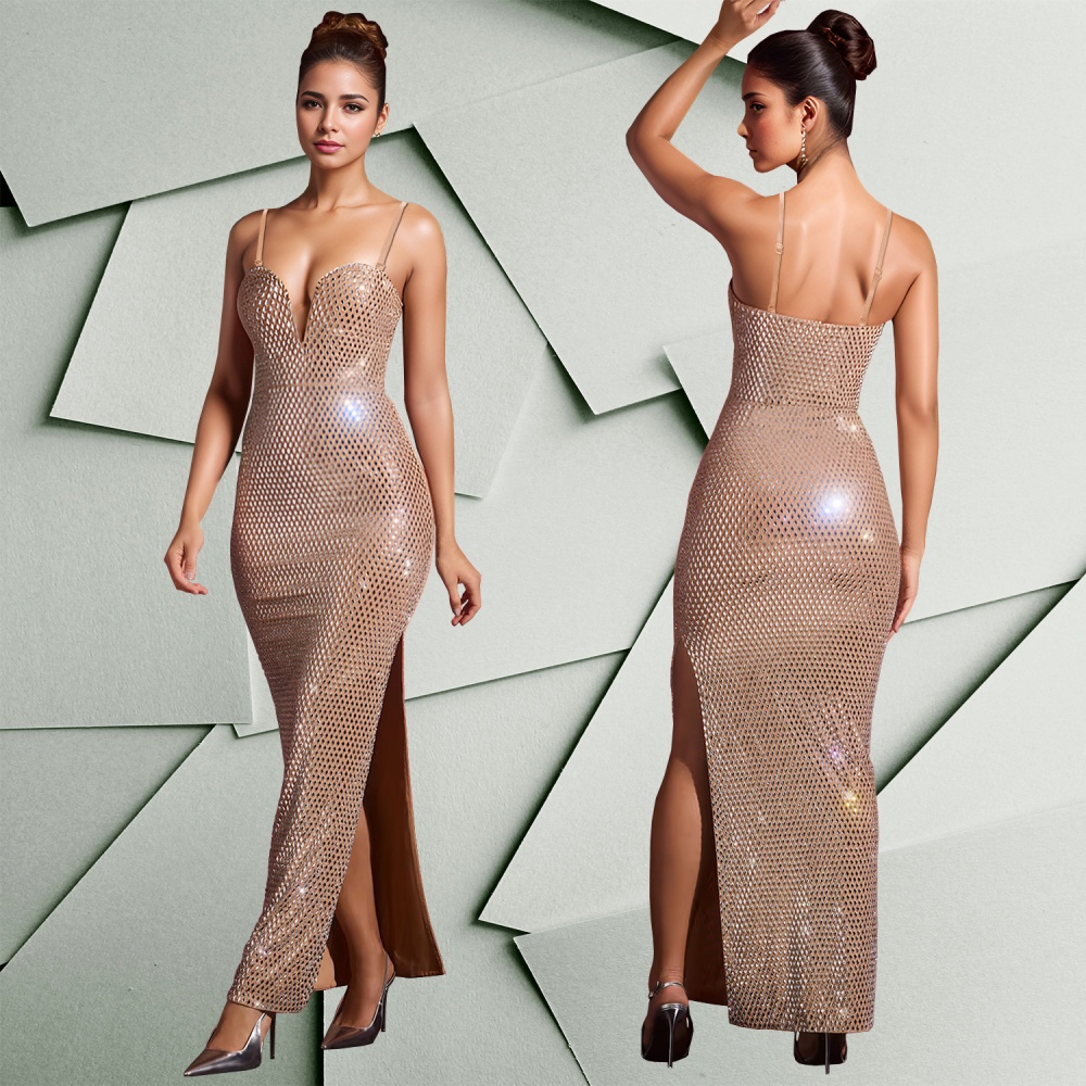 Rhinestone fashion European style slim split dress for women