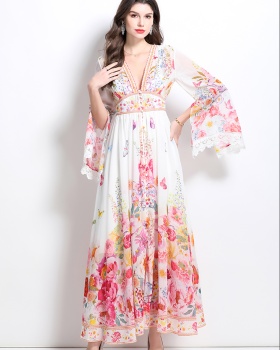 Splice vacation printing spring and summer lace dress