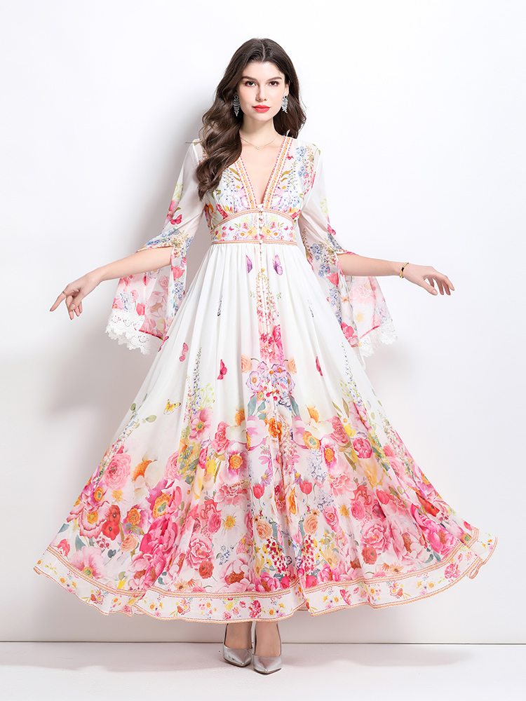 Splice vacation printing spring and summer lace dress