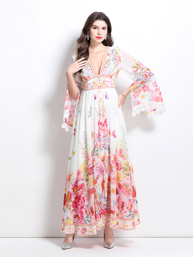 Splice vacation printing spring and summer lace dress