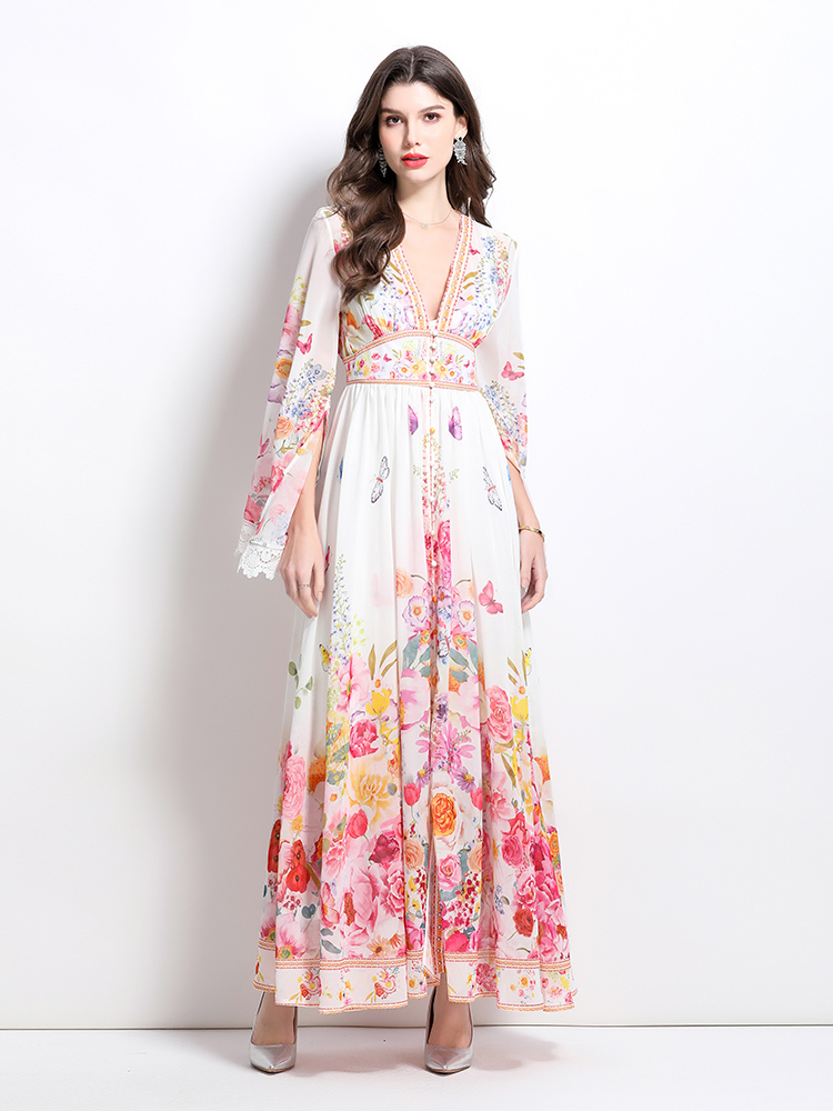 Splice vacation printing spring and summer lace dress