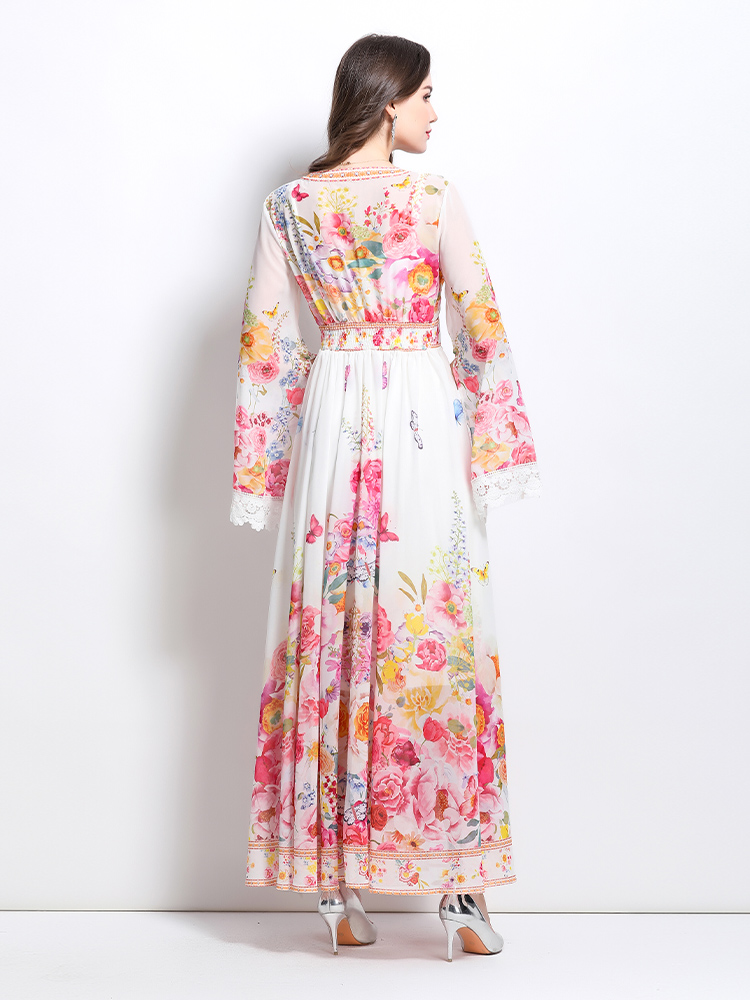 Splice vacation printing spring and summer lace dress