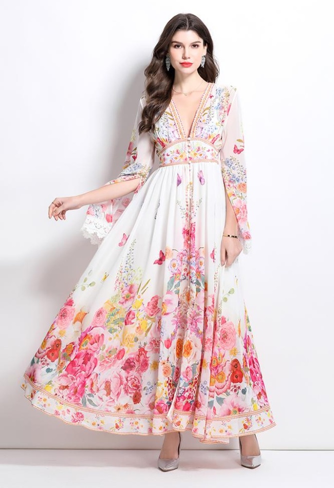 Splice vacation printing spring and summer lace dress