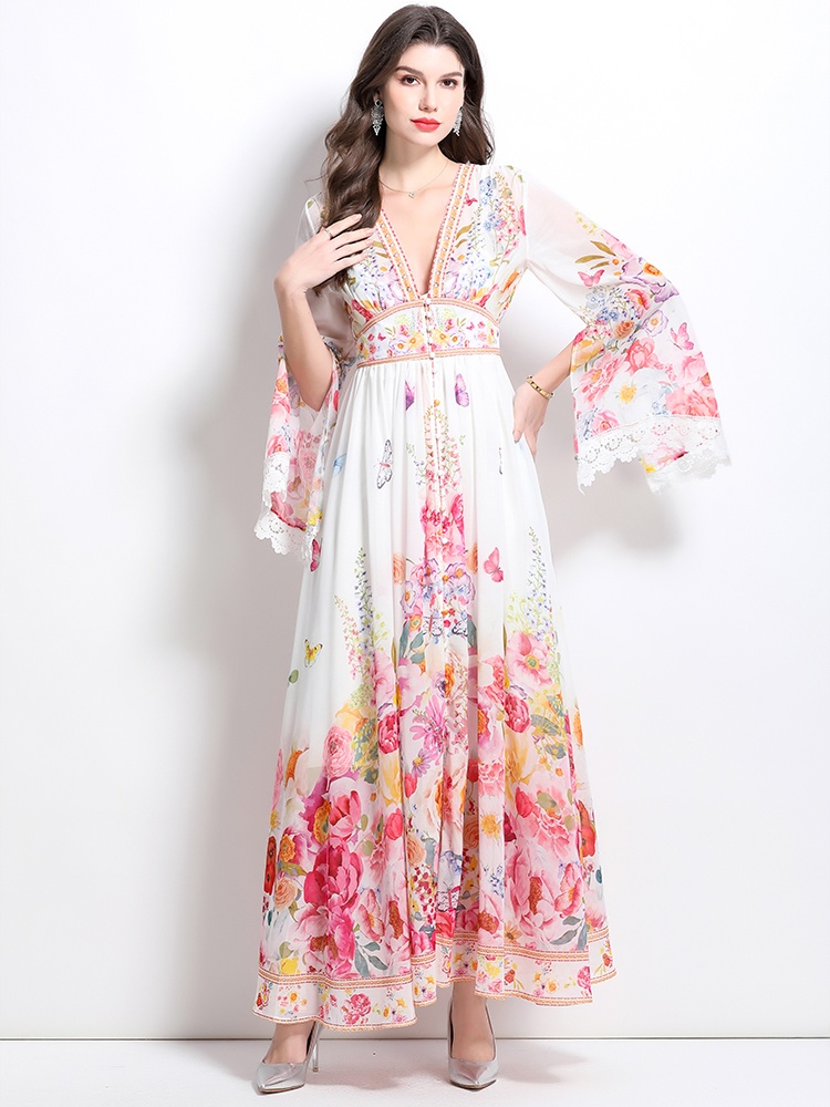 Splice vacation printing spring and summer lace dress