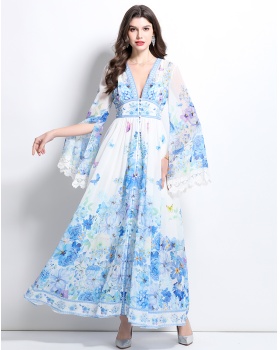 Lace printing spring and summer trumpet sleeves dress