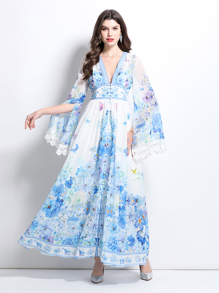 Lace printing spring and summer trumpet sleeves dress