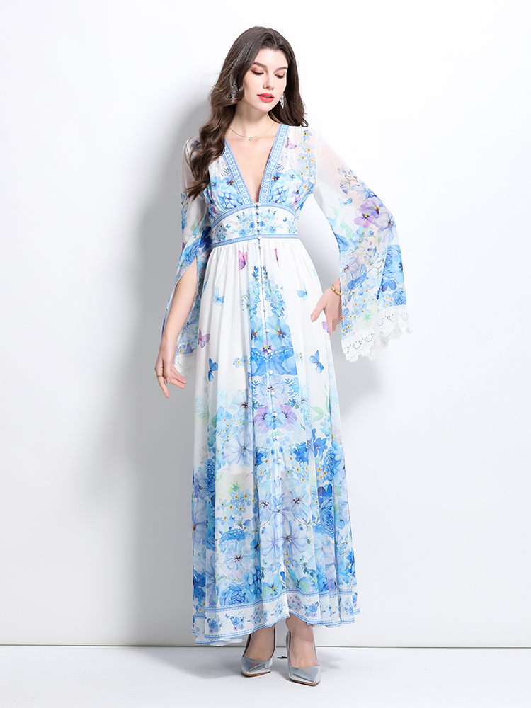 Lace printing spring and summer trumpet sleeves dress