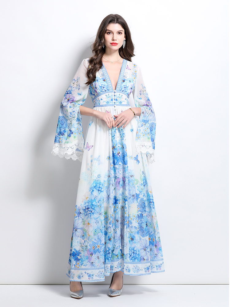 Lace printing spring and summer trumpet sleeves dress