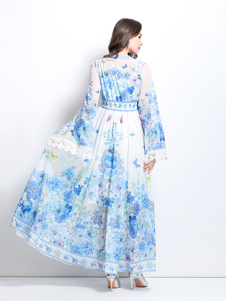 Lace printing spring and summer trumpet sleeves dress