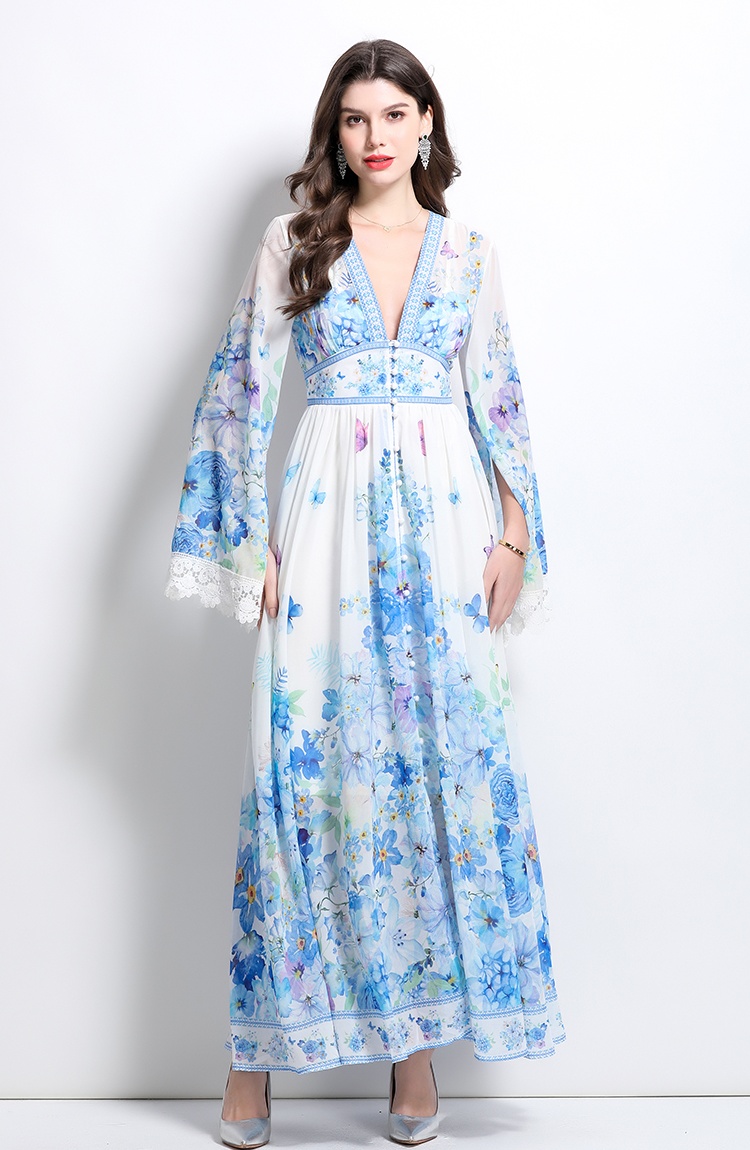 Lace printing spring and summer trumpet sleeves dress