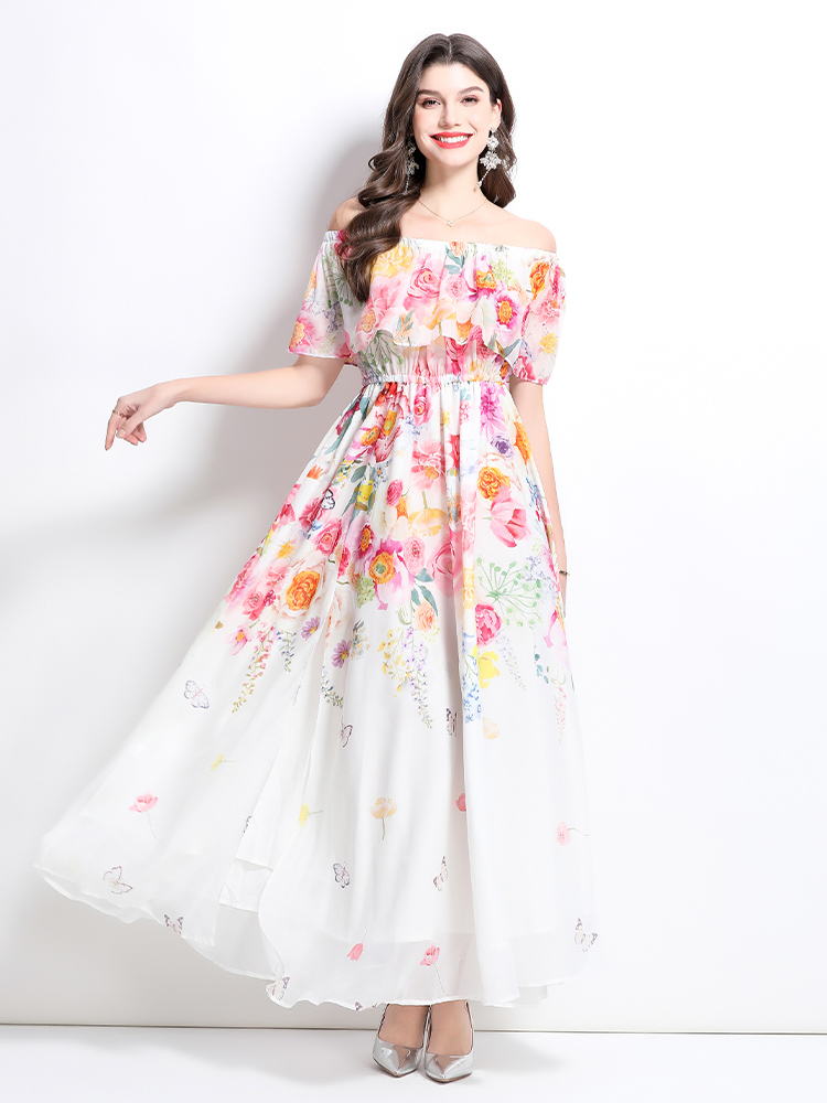 Spring flat shoulder retro long flowers dress