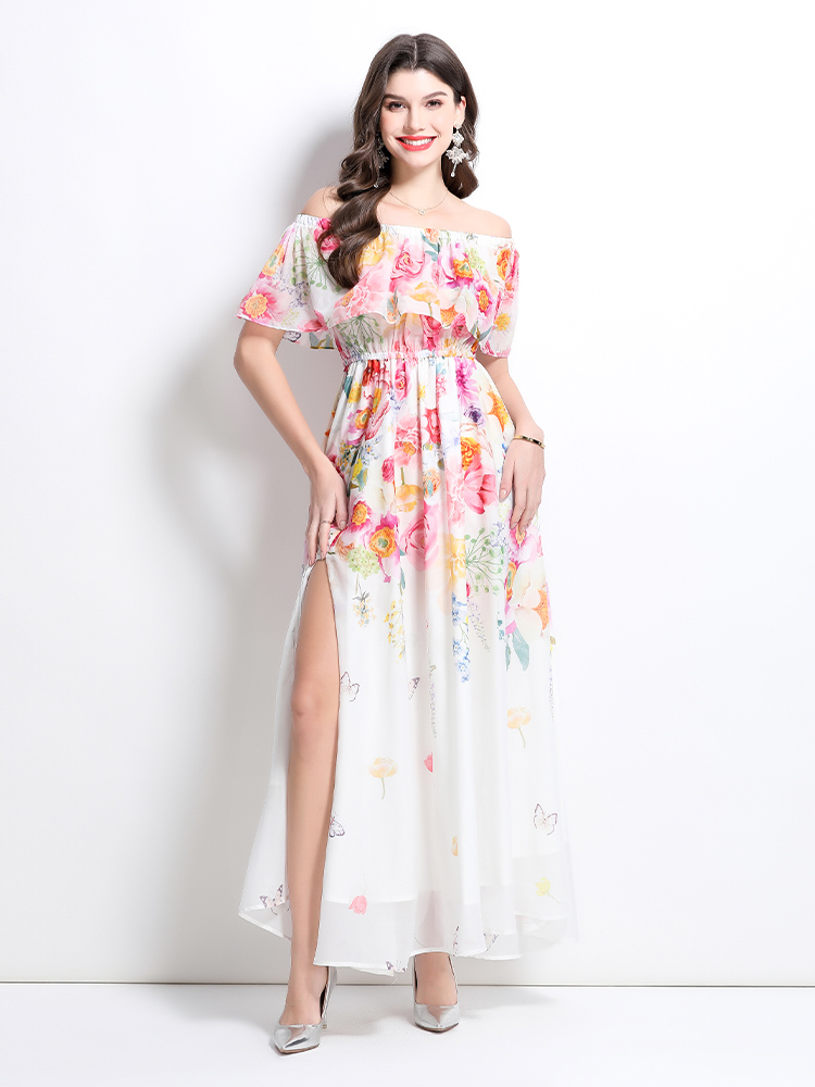 Spring flat shoulder retro long flowers dress