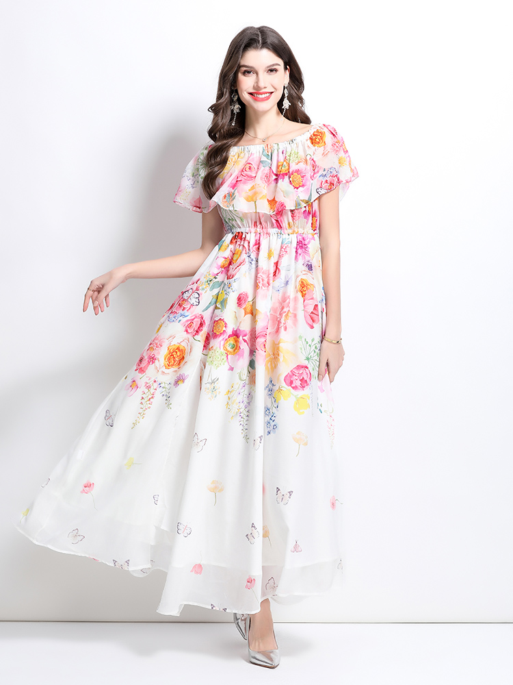 Spring flat shoulder retro long flowers dress