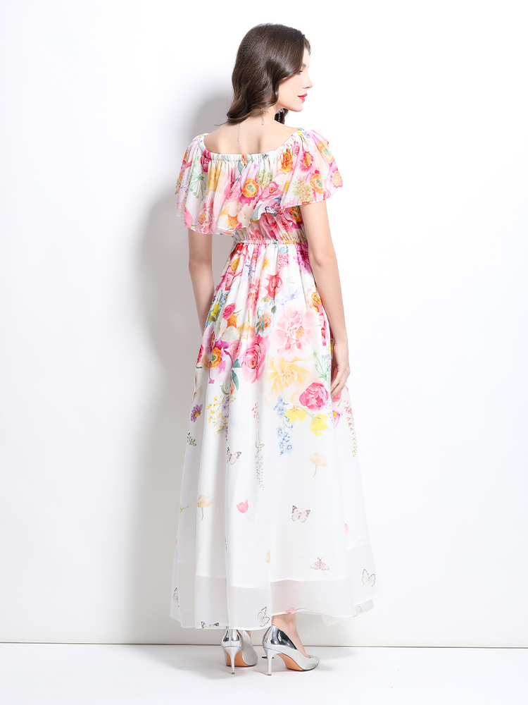 Spring flat shoulder retro long flowers dress