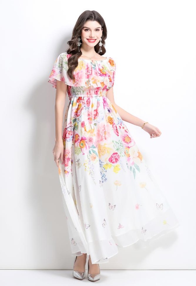 Spring flat shoulder retro long flowers dress