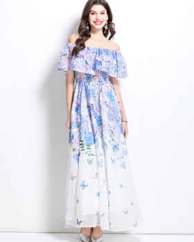 Long retro flat shoulder flowers spring dress