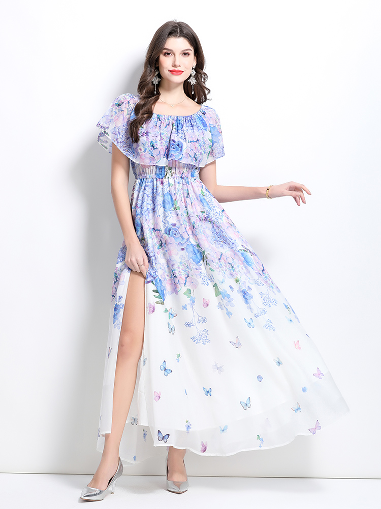 Long retro flat shoulder flowers spring dress