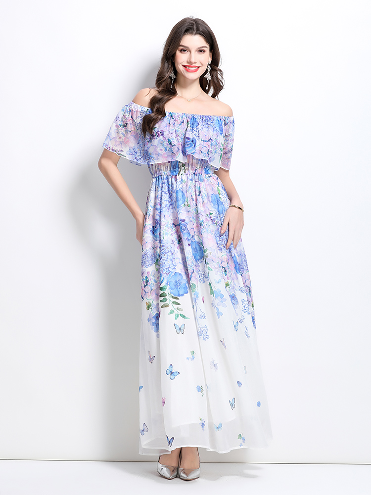 Long retro flat shoulder flowers spring dress