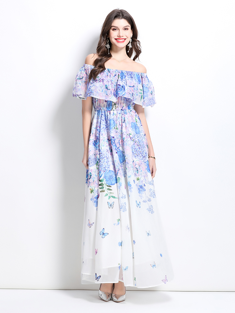 Long retro flat shoulder flowers spring dress