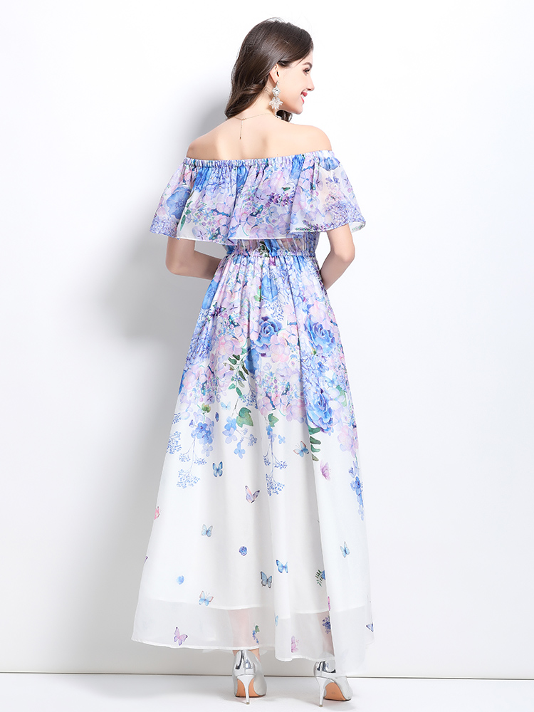 Long retro flat shoulder flowers spring dress