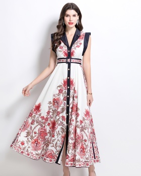 Retro printing court style shirt long spring dress