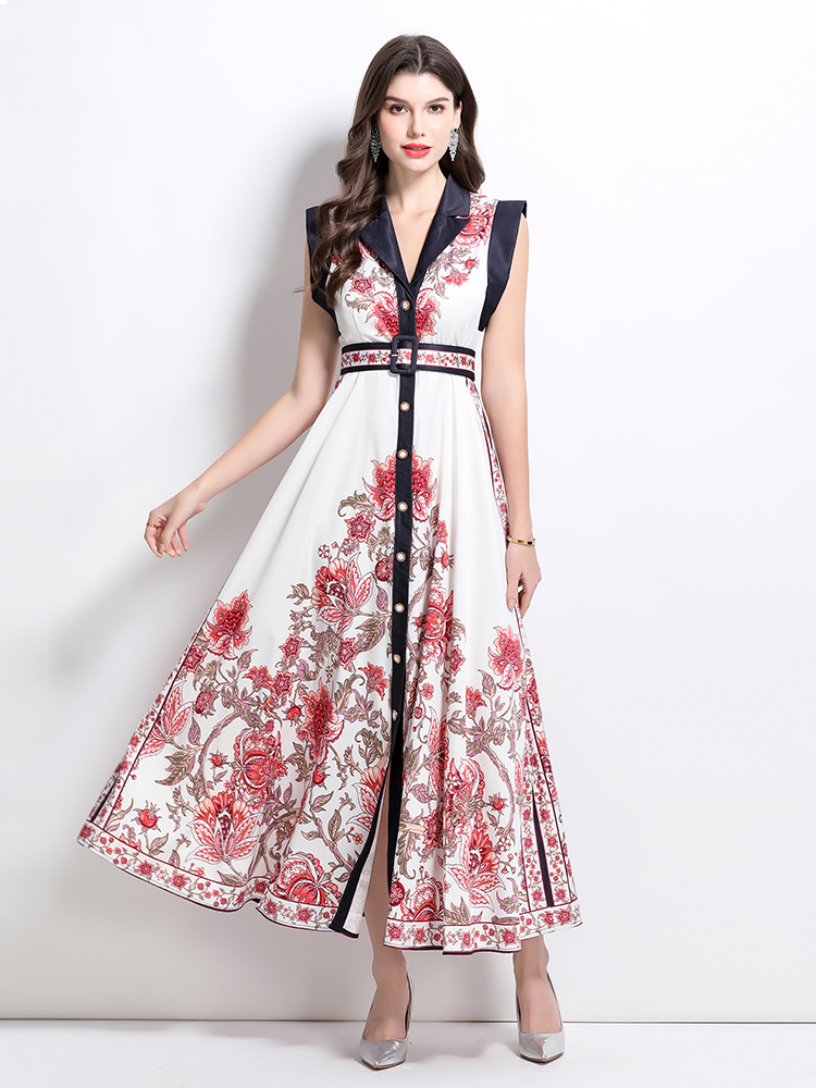 Retro printing court style shirt long spring dress