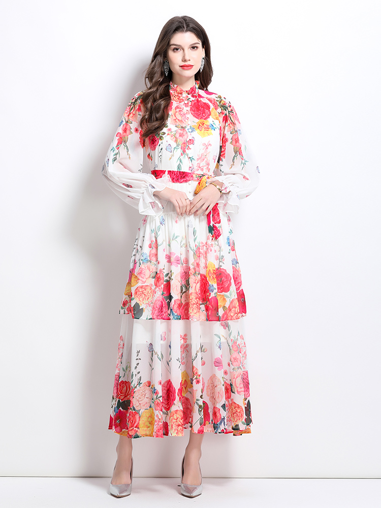 Long sleeve lotus leaf edges cake pinched waist dress