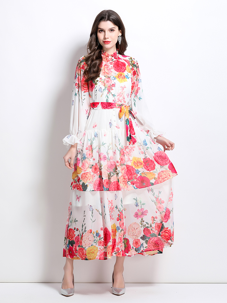 Long sleeve lotus leaf edges cake pinched waist dress