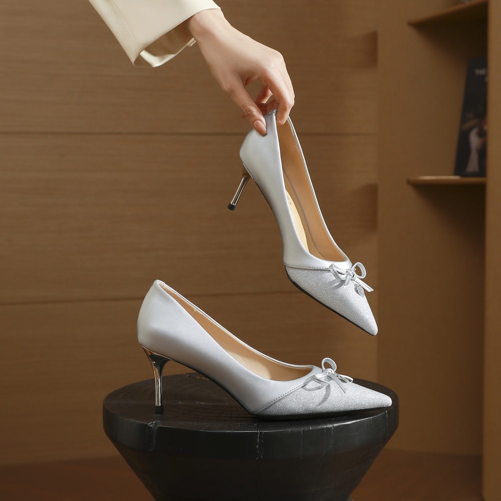 Bow low high-heeled shoes pointed shoes for women