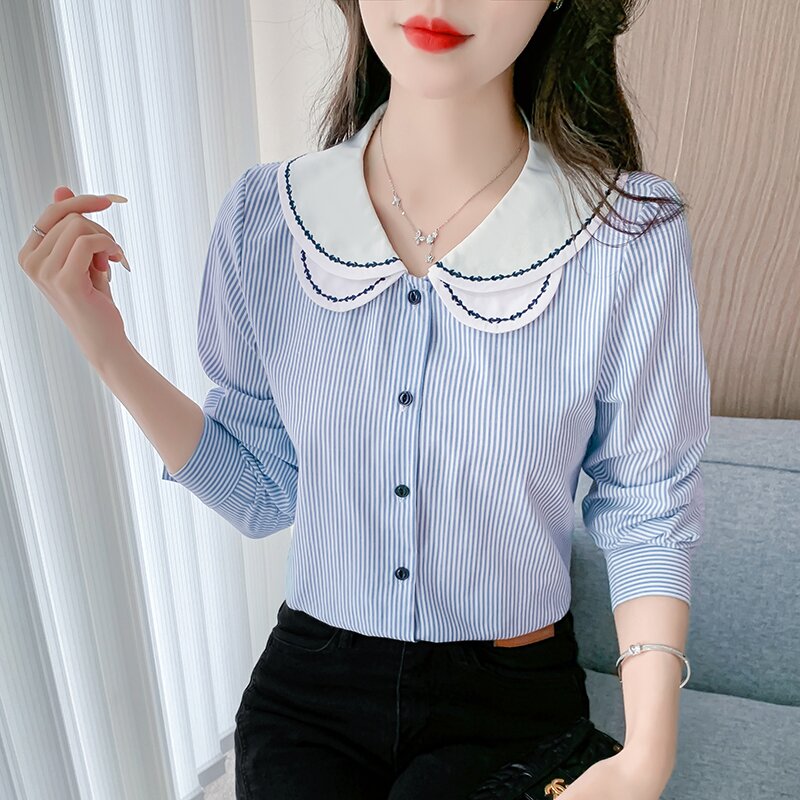 Double long sleeve shirt embroidered tops for women