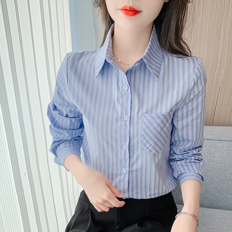 Long sleeve all-match shirt stripe spring tops for women