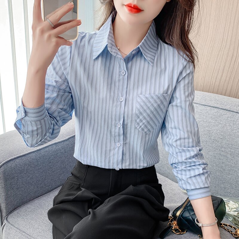 Long sleeve all-match shirt stripe spring tops for women