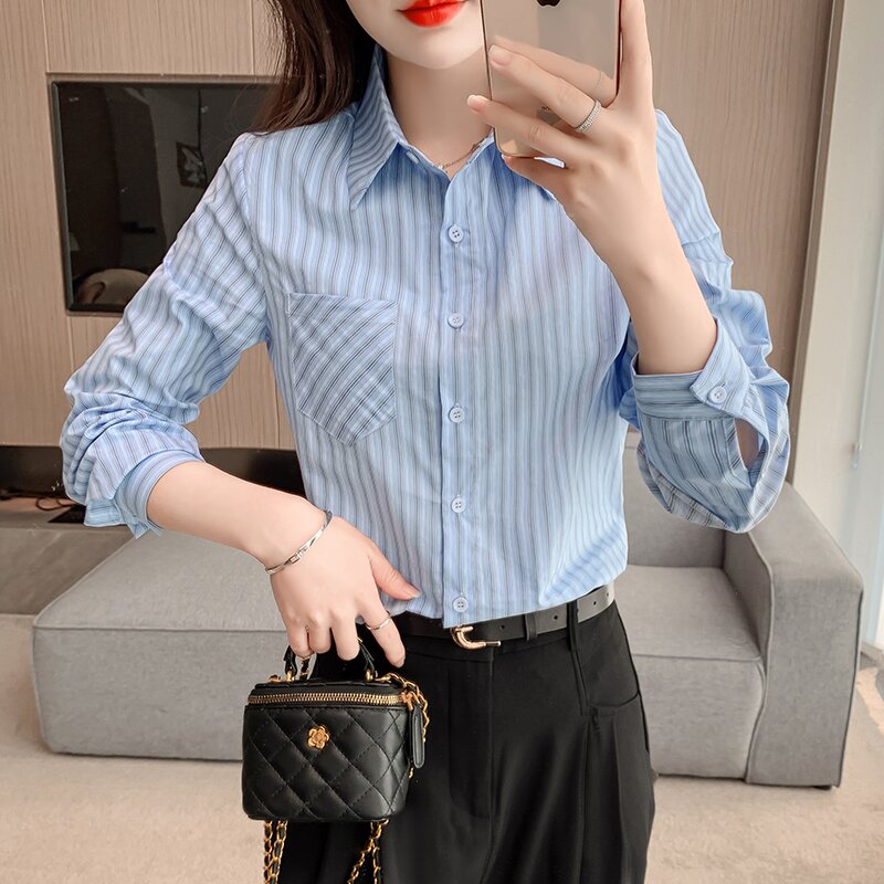 Long sleeve all-match shirt stripe spring tops for women