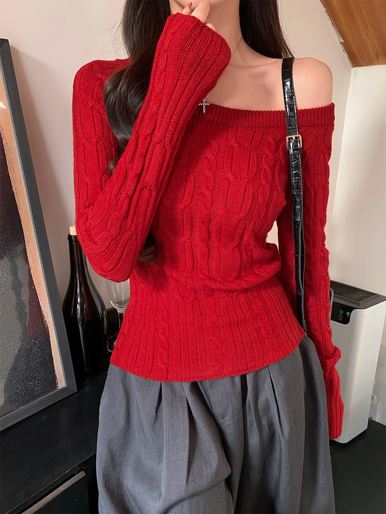 Red autumn and winter sweater strapless tops for women